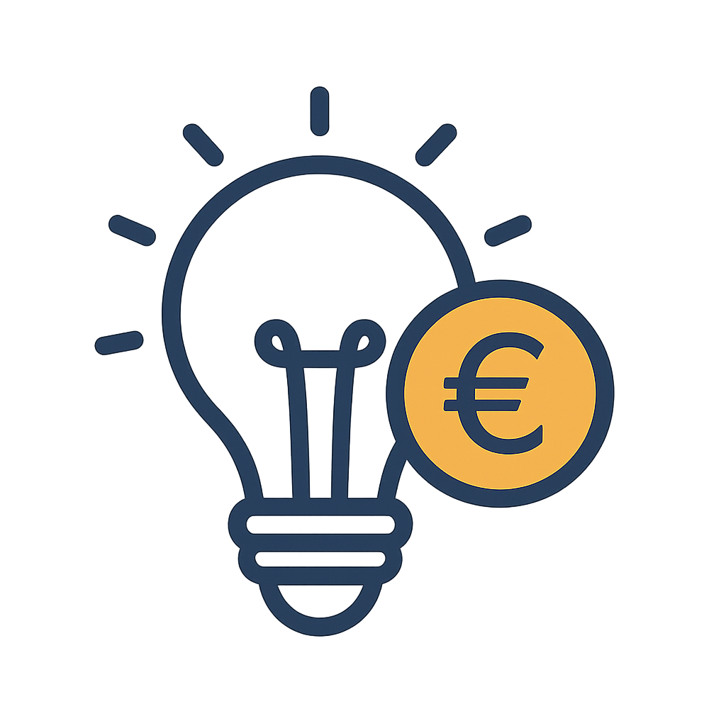 Icono de bombilla y euro representando soluciones inteligentes y económicas.
